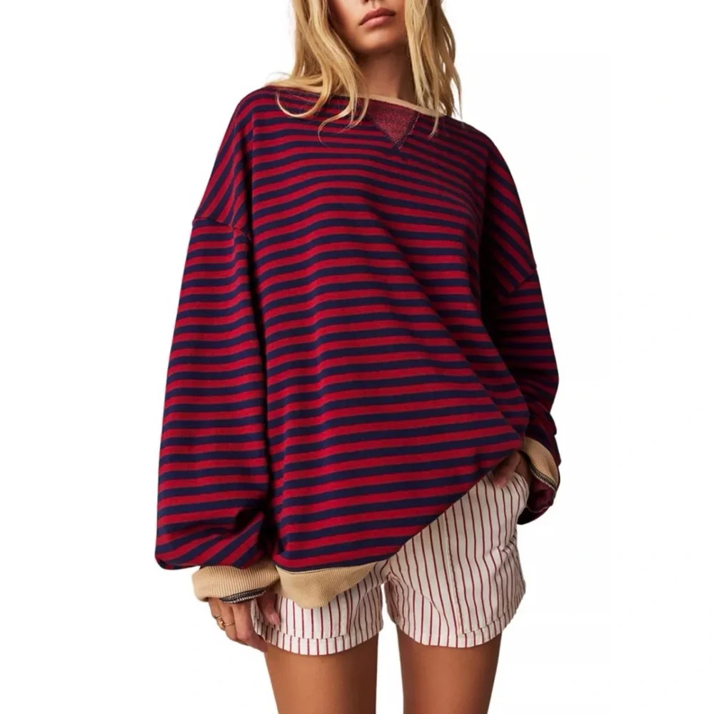 Free People Oversized Striped Pullover Sweatshirt Red Blue Slouchy Cozy Top